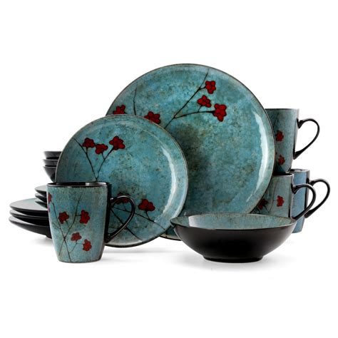 Elama Floral Accents 16 Piece Stoneware Dinnerware Set in Blue ...