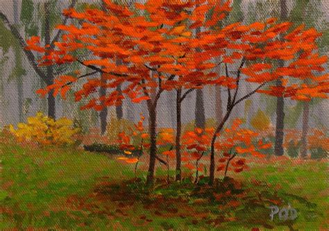 Acrylic painting autumn landscape young trees