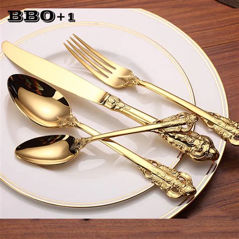 4pcs/set Luxury Golden Dinnerware Set Gold Plated Stainless Steel ...