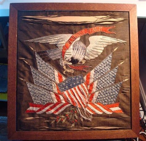 Antique Silk Embroidery American Eagle Flag Shield Banner E Pluribus ...