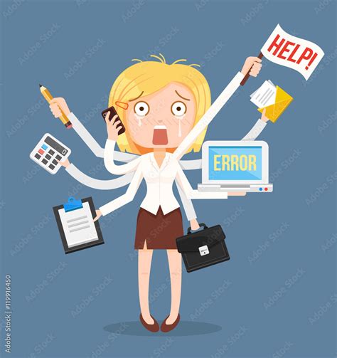 Busy businesswomen character. Multitasking hard work. Vector flat ...