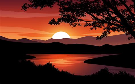 Silhouette of forest and river with sunset background 9432545 Vector ...