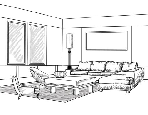 Home living room interior. Outline sketch of furniture with sofa ...