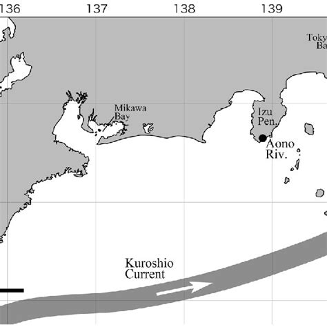 Map showing the Kuroshio Current off southeastern Japan and the Izu ...