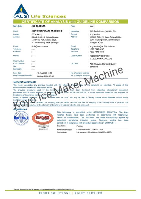 Lab Test Report – Ice Maker Machine Koyo Malaysia – Ice Machine | Ice ...