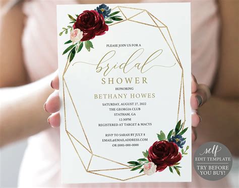 Bridal Shower Invitation Template Demo Available Burgundy | Etsy ...