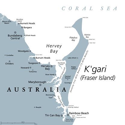 Kgari Formerly Fraser Island Gray Political Map Worlds Largest Sand ...