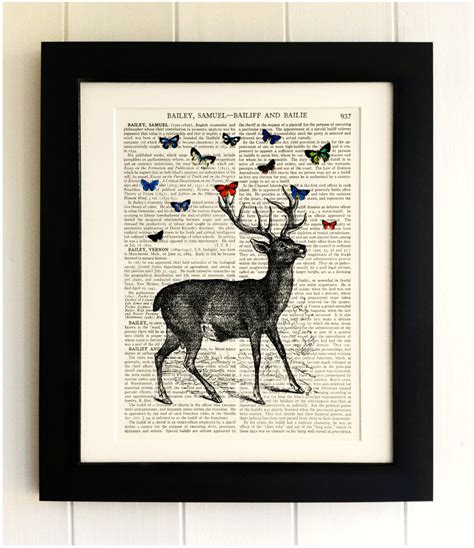 ART PRINT on Old Antique Book Page Stag With Butterflies - Etsy