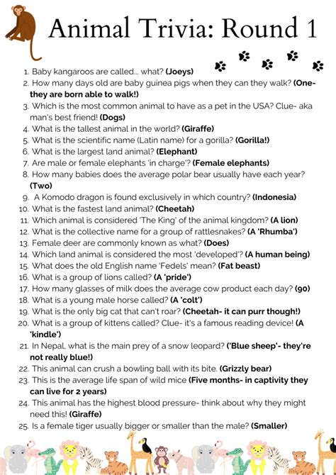 FREE 50 Animal Trivia Questions and Answers Printable