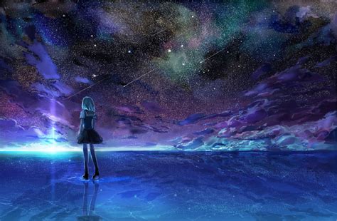 Original clouds night scenic seifuku sky stars water wallpaper ...