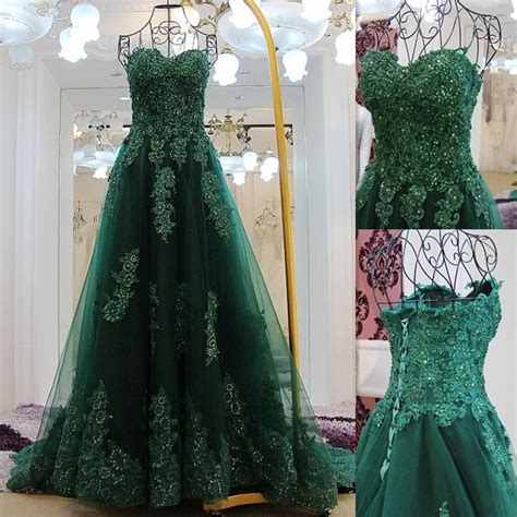 Jade Green Prom Dresses 2016 Lace Appliques Sequins Tulle Evening Gowns ...