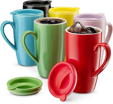 MITBAK 6-Pack Ceramic Coffee Mug Set with Lids (16-Ounce) | Large ...