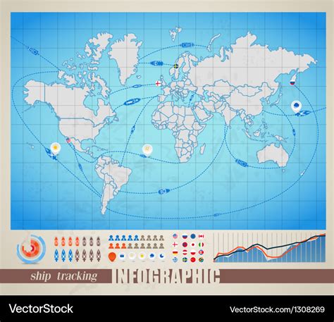 World map with ship tracking Royalty Free Vector Image