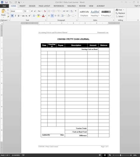 Petty Cash Accounting Journal Template | BizManualz