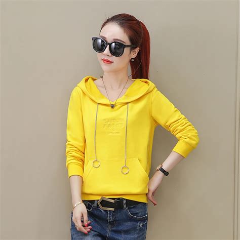 Yellow Hoodies Women Sweatshirt Cotton Long Sleeve Cropped Hoodie Women ...