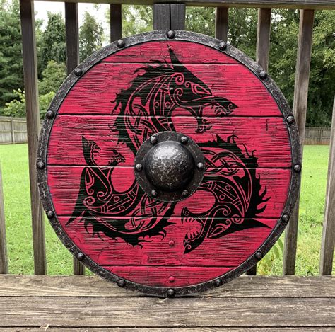 Red Fenrir Viking Shield with Battleworn finish | Viking shield design ...