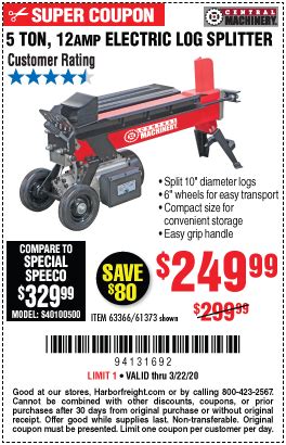 CENTRAL MACHINERY 5 ton Log Splitter for $249.99 – Harbor Freight Coupons