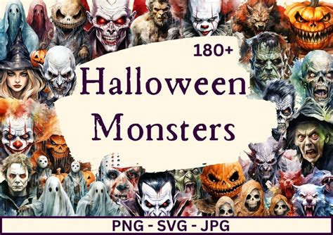 180 Watercolor Scary Halloween Monsters PNG, Halloween Clipart Bundle ...