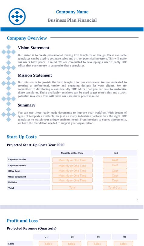 Business Plan Financial Template - Sign Templates | Jotform