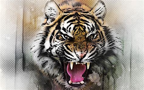 Download wallpapers abstract tiger, artwork, angry tiger, grunge art ...