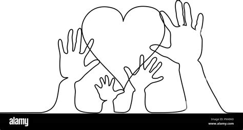 Continuous one line drawing. Abstract family hands holding hearts ...