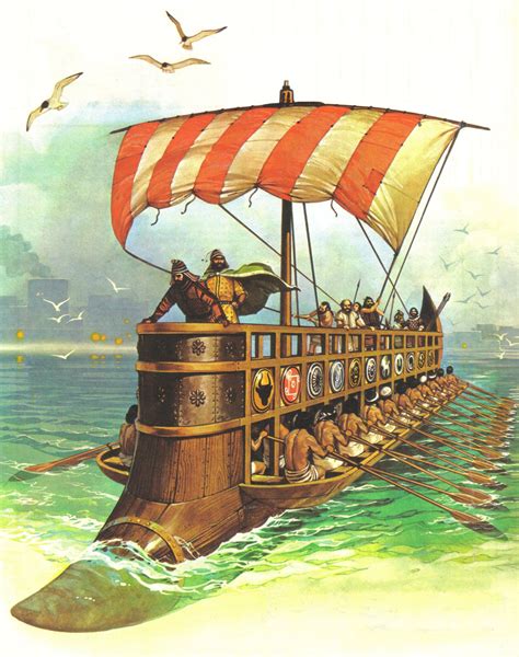 A wonderful depiction of a later period Phoenician Bireme galley shown ...