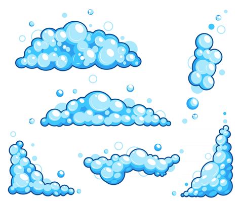 Cartoon Soap Foam Set With Bubbles. Light Blue Suds of Bath, Shampoo ...