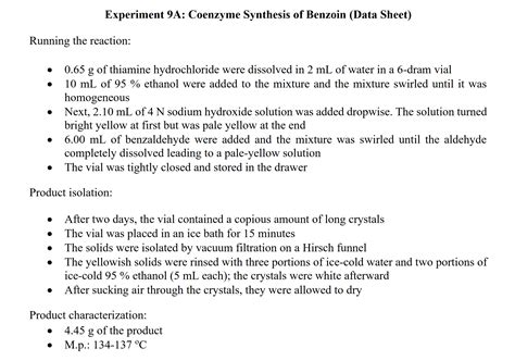 [Solved] . Experiment 9A: Coenzyme Synthesis of Benzoin (Data Sheet ...