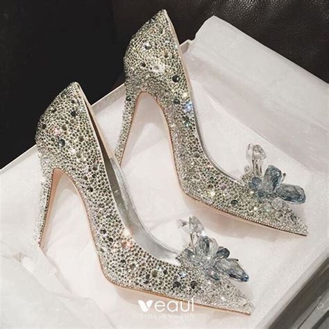 Sparkly Silver Cinderella Wedding Shoes 2018 Crystal Rhinestone Leather ...