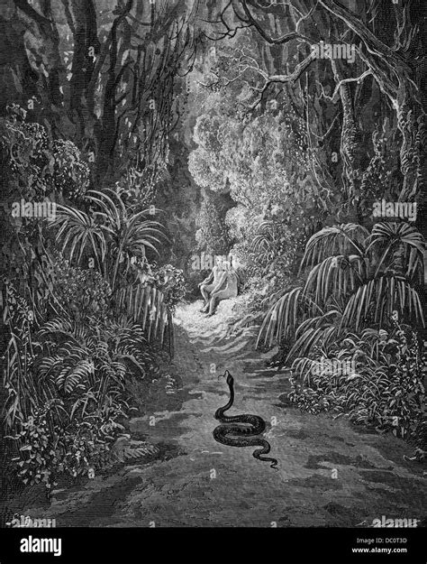 ADAM AND EVE AND SNAKE SERPENT IN GARDEN OF EDEN BY GUSTAV DORE Stock ...