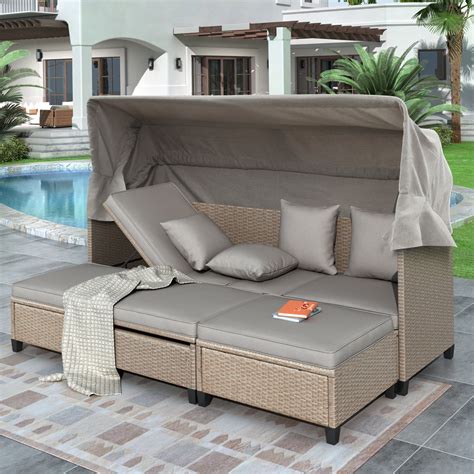 SYNGAR 4 Pieces Patio Wicker Furniture, Outdoor Daybed Sunbed with ...