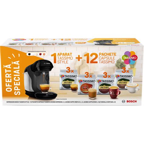 Tassimo | 12 cutii capsule cafea + Espressor Bosch Tassimo Style | Mega ...