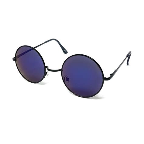 Small Round Lens Sunglasses - Black Frame, Blue Mirrored Lens - Bulk ...