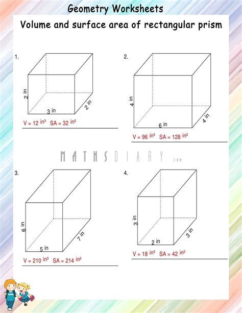 Volume and surface area of rectangular prisms - Math Worksheets ...