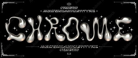 Chrome Y2K font. Liquid metal alphabet, melted steel letters and funky ...