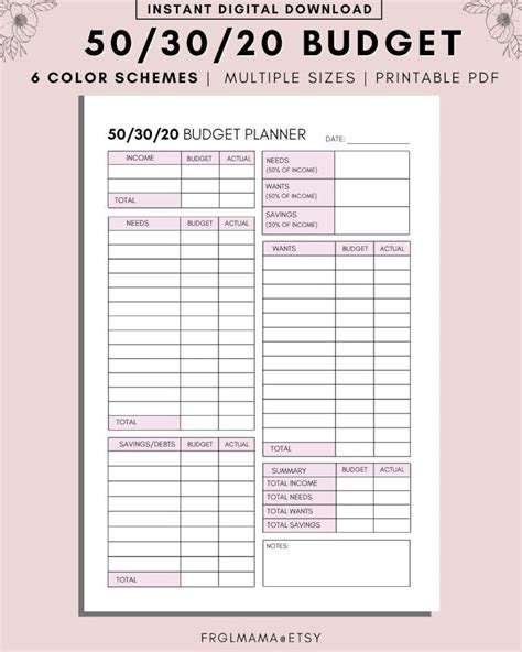 Buy 50/30/20 Budget Overview Template Printable, Monthly Budget Planner ...