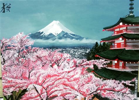 Mount Fuji Japan with pagoda and cherry blossom Fujiyoshida original ...