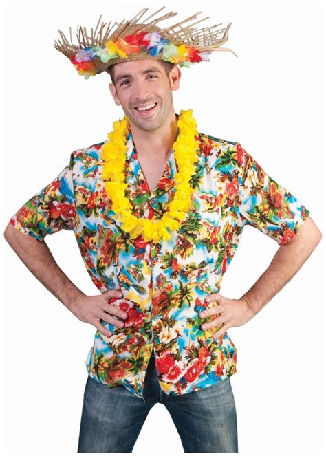 a man wearing a hawaiian shirt and flower lei standing with his hands ...