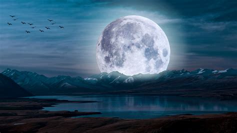 Moon Wallpaper 4K, Aesthetic, Night, Landscape, Lake