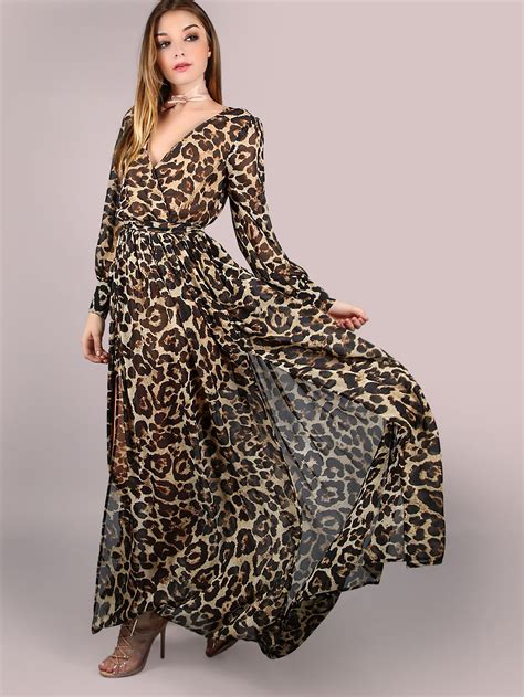 Leopard Print Surplice Neckline Chiffon Dress -SheIn(Sheinside)