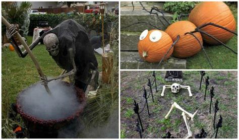 halloween decorations in the yard with pumpkins and skeletons on them ...