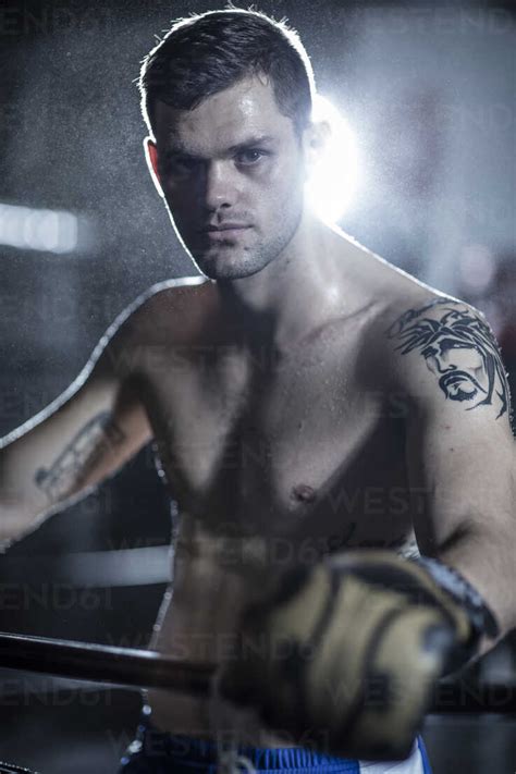 Portrait of boxer in boxing ring stock photo