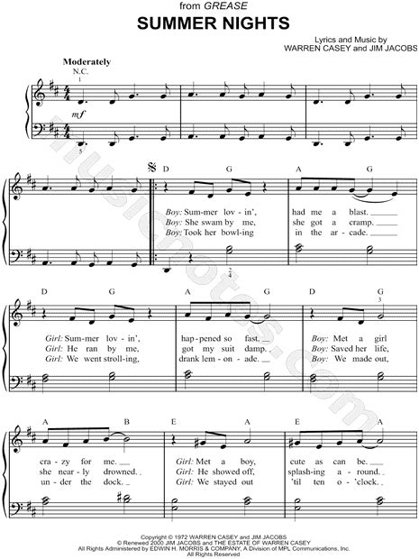 "Summer Nights" from 'Grease' Sheet Music (Easy Piano) in D Major ...