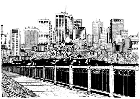 A pen & ink drawing of the Boston skyline and Storrow Drive from ...