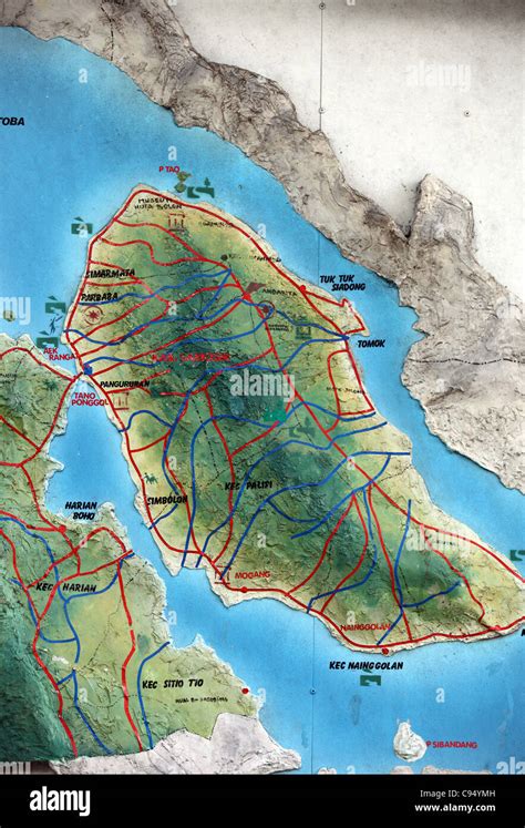 Basic map of Lake Toba and Samosir Island painted on an exterior wall ...