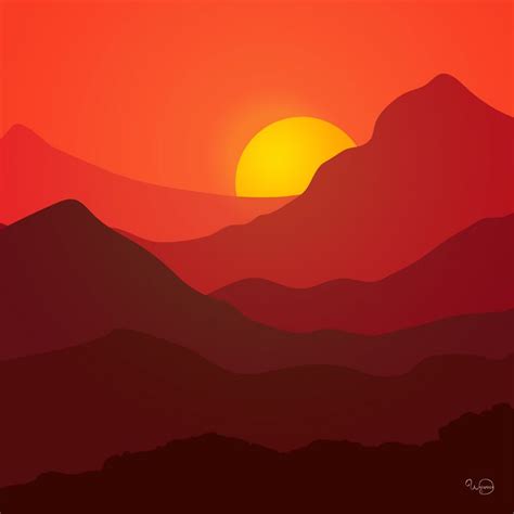 Sunset mountains landscape - Watamata - Drawings & Illustration ...