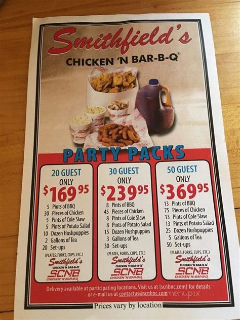 Menu of Smithfield's Chicken 'N Bar-B-Q in Sanford, NC 27332