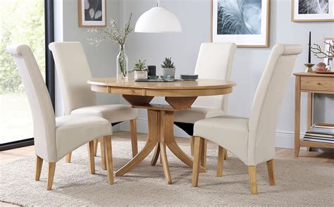 Hudson Round Oak Extending Dining Table with 6 Richmond Cream Leather ...