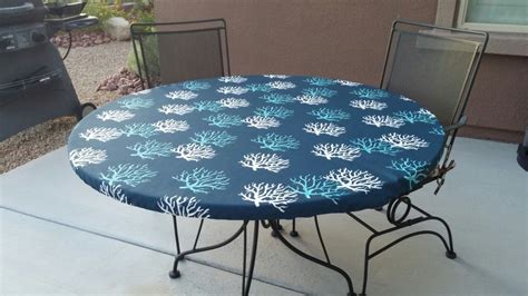 Round Fitted Tablecloth in Isadella Navy Teal and White Outdoor Fabric ...