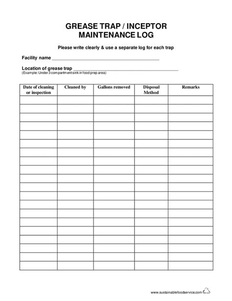 Grease trap maintenance log in Word and Pdf formats